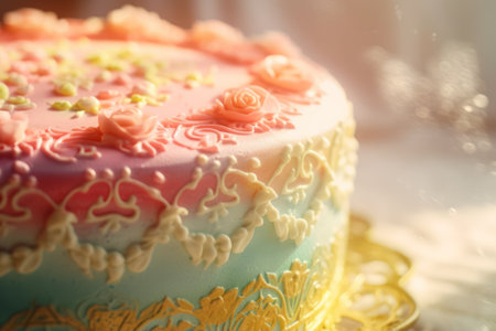Delicious birthday cake with roses and candles on table, closeupの素材