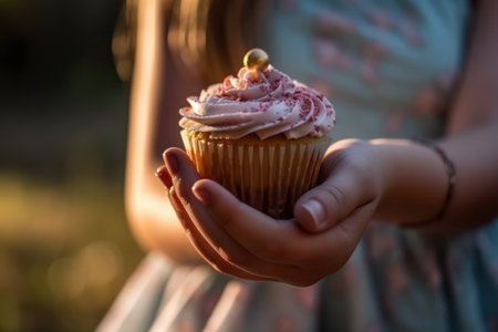 Cupcake in the hands of a little girl. Selective focus.の素材