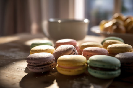 Colorful macaroons and cup of coffee on wooden table.の素材