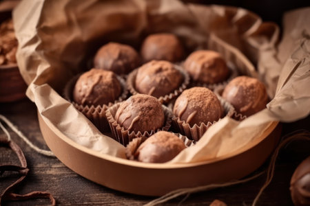 Chocolate truffles on a wooden background. Selective focus.の素材
