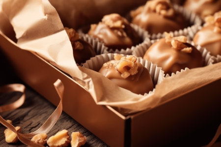 Box with tasty chocolate candies on wooden table, closeup viewの素材