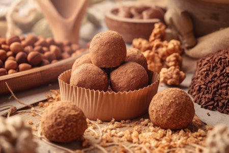 Delicious chocolate truffles with nuts on wooden table, closeupの素材