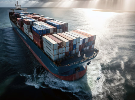 Container Cargo freight ship with working crane bridge for Logistic Import Export backgroundの素材