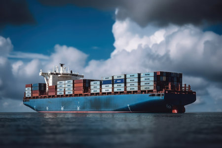 Container ship in the sea with cloudy sky background. 3d renderingの素材