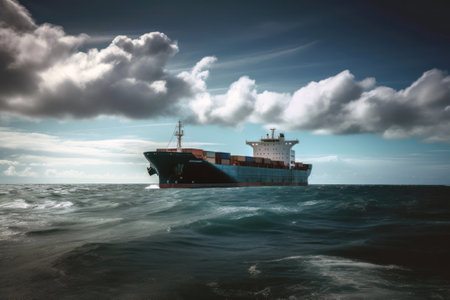 Cargo ship sailing in the sea with dramatic sky and cloud backgroundの素材