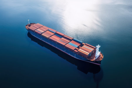Aerial view of a cargo ship in the sea with blue sky backgroundの素材