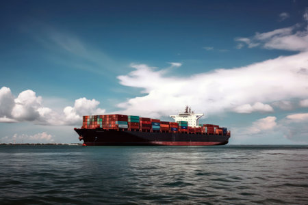Container ship in the ocean with blue sky and white clouds background.の素材