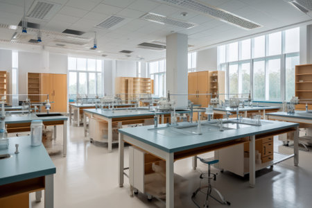 Interior of a modern classroom with tables and chairs. Nobody insideの素材