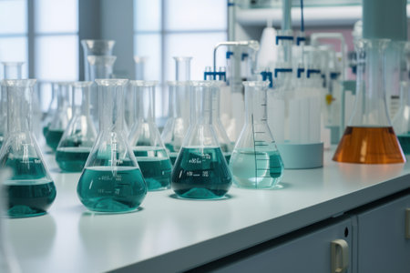 Laboratory glassware with blue liquid, science research and development conceptの素材