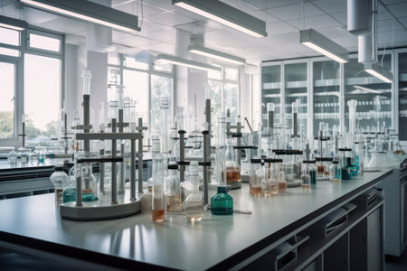 Laboratory glassware and test tubes, science research and development conceptの素材