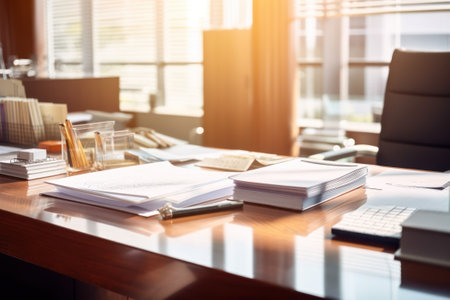 Close up of a desk in a modern office with a lot of documentsの素材