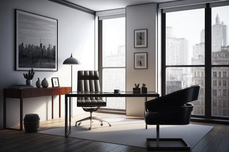 Modern office interior with furniture and window with city view. Mock up, 3D Renderingの素材