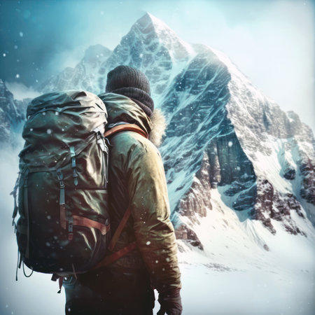 Man with a backpack on the background of snow-capped mountainsの素材