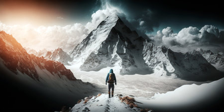 Hiker in Himalayas mountains. Mixed media. Mixed mediaの素材
