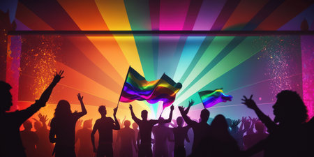 Silhouettes of dancing people against colourful rays of light on stageの素材