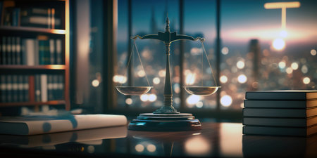 Scales of justice on a table in a courtroom or law enforcement officeの素材