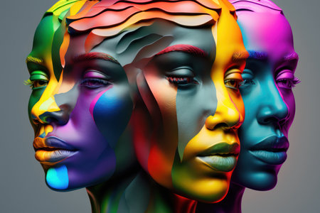 Three female heads with multicolored makeup. 3d illustration.の素材