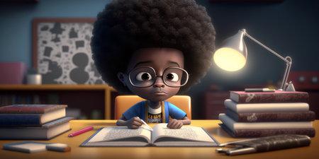 Cute African American boy with Afro hairstyle doing his homework at home - 3D renderingの素材