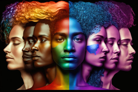 Group of female heads with different hairstyles. Multicolored background.の素材