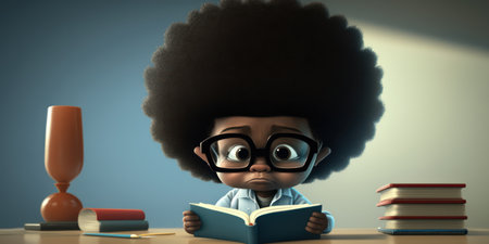 African american boy with afro hairstyle and glasses reading a bookの素材