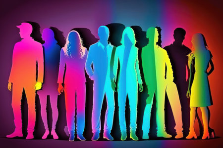 Silhouette of a group of people. Multicolored background.の素材