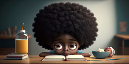African american little girl reading a book and drinking orange juice.の素材