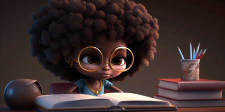 Little African American girl with Afro hairstyle and books. 3d renderingの素材