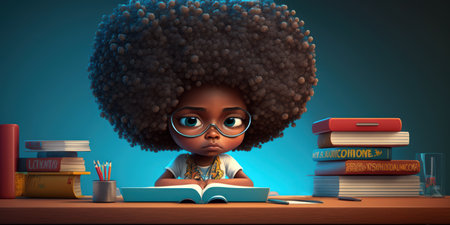 Little african american girl reading a book, 3d illustrationの素材