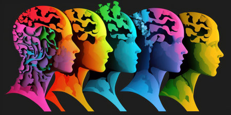 Group of multicolored human heads on a black background. Vector illustration.の素材