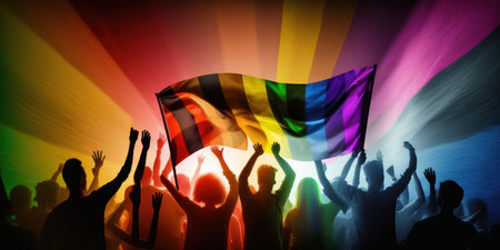 Silhouette of People Holding Flag of the Republic of Mali against a rainbow backgroundの素材