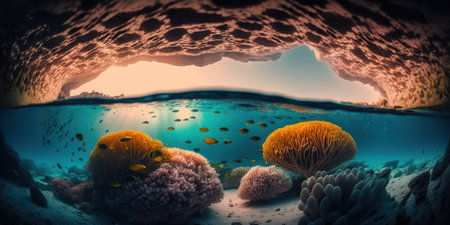 Underwater view of coral reef and fish. 3D Renderingの素材