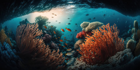 Coral reef and tropical fish. Underwater world. 3d illustrationの素材