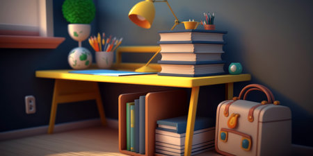 3d render of a school desk with books and stationery.の素材