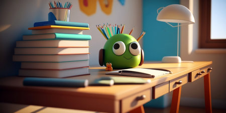 3d render of a cute green apple sitting on a school deskの素材