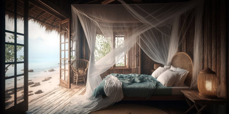 3d rendering of a wooden bedroom with a view of the seaの素材