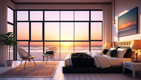 3d render of bedroom interior with sea view and sunset in backgroundの素材