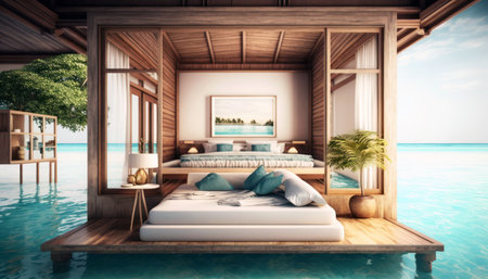 3d rendering of a modern bedroom with swimming pool and sea viewの素材