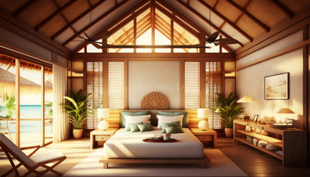 3D rendering of a tropical bedroom in a bungalow.の素材