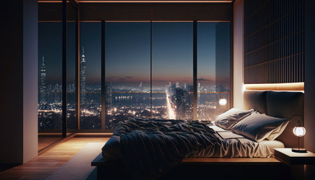 Interior of modern bedroom with city view. 3D Renderingの素材