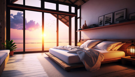 3d rendering of bedroom in the attic with sea view and sunsetの素材