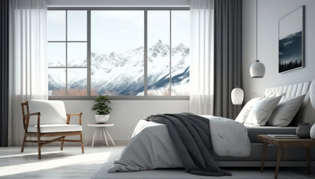 Modern bedroom interior with mountains view. 3D Rendering Illustrationの素材