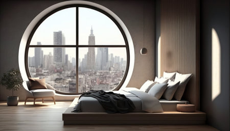 Interior of modern bedroom with window and city view. 3D Renderingの素材