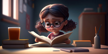 Little girl reading a book in her room. 3D rendering.の素材