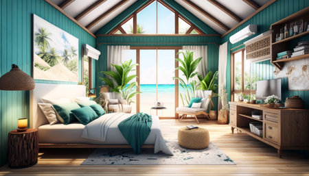 3D rendering of a bedroom in a attic with a sea viewの素材