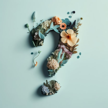 Question mark made of flowers on blue background. Flat lay, top view.の素材
