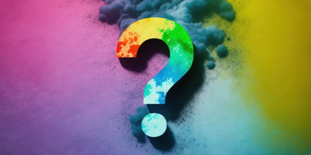 Conceptual image with question mark against rainbow background with vignetteの素材