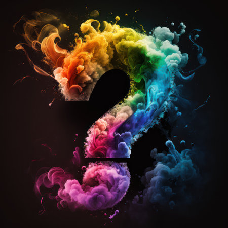 Conceptual image with question mark against rainbow background with vignetteの素材