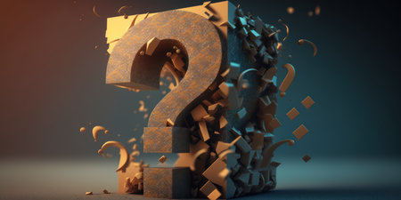 3D rendering of question mark in the form of broken pieces on blue backgroundの素材