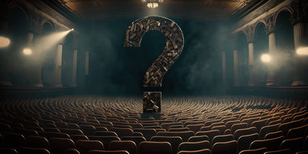 Conceptual image with question mark in the auditorium at nightの素材