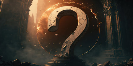 Question mark on the background of the ruins of an old church.の素材